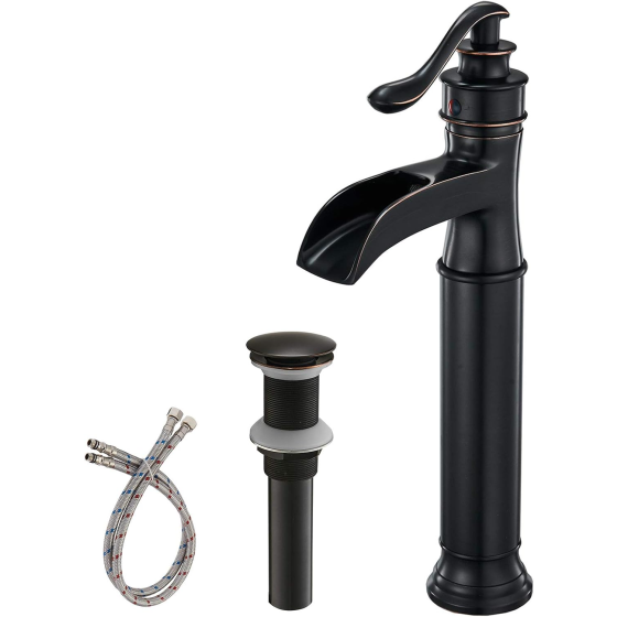 BWE Waterfall Spout Oil Rubbed Bronze Bathroom Faucet Single le One Hole Vessel Sink Faucet ORB Lavatory Faucets Deck Mount Tall Body Commercial