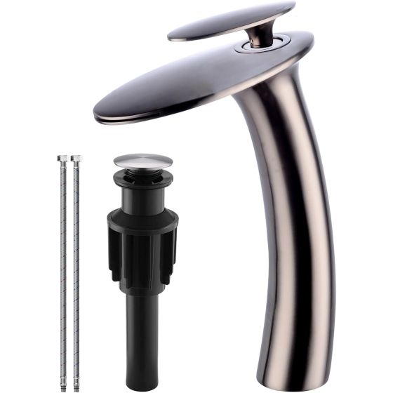 Brushed Nickel Waterfall Bathroom Faucet,Single le Single Hole Brass Lavatory Vanity Vessel Faucet,Slanted Body Basin Mixer Tap Tall Body with Supply Hose and Pop Up Drain Assembly